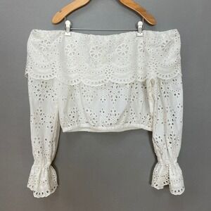 Corset Story Off Shoulder Eyelet Crop Top Women Size 14 White Ruffle Boho Blouse